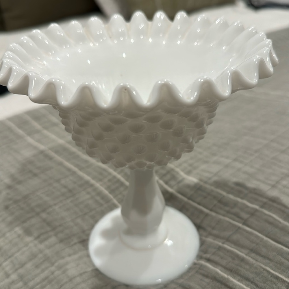 Fenton milk glass hobnail crimped edge candy/ peanut dish.